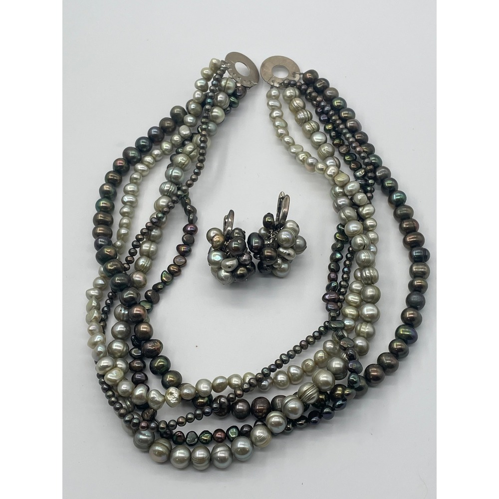 Multi Strand Grey Green Peacock Pearl Necklace and Cluster Earring Set Silver